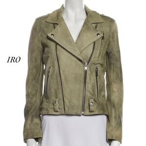 IRO Jovaspe Green Distressed Lamb Leather Moto Biker Jacket Size FR 38 US 6